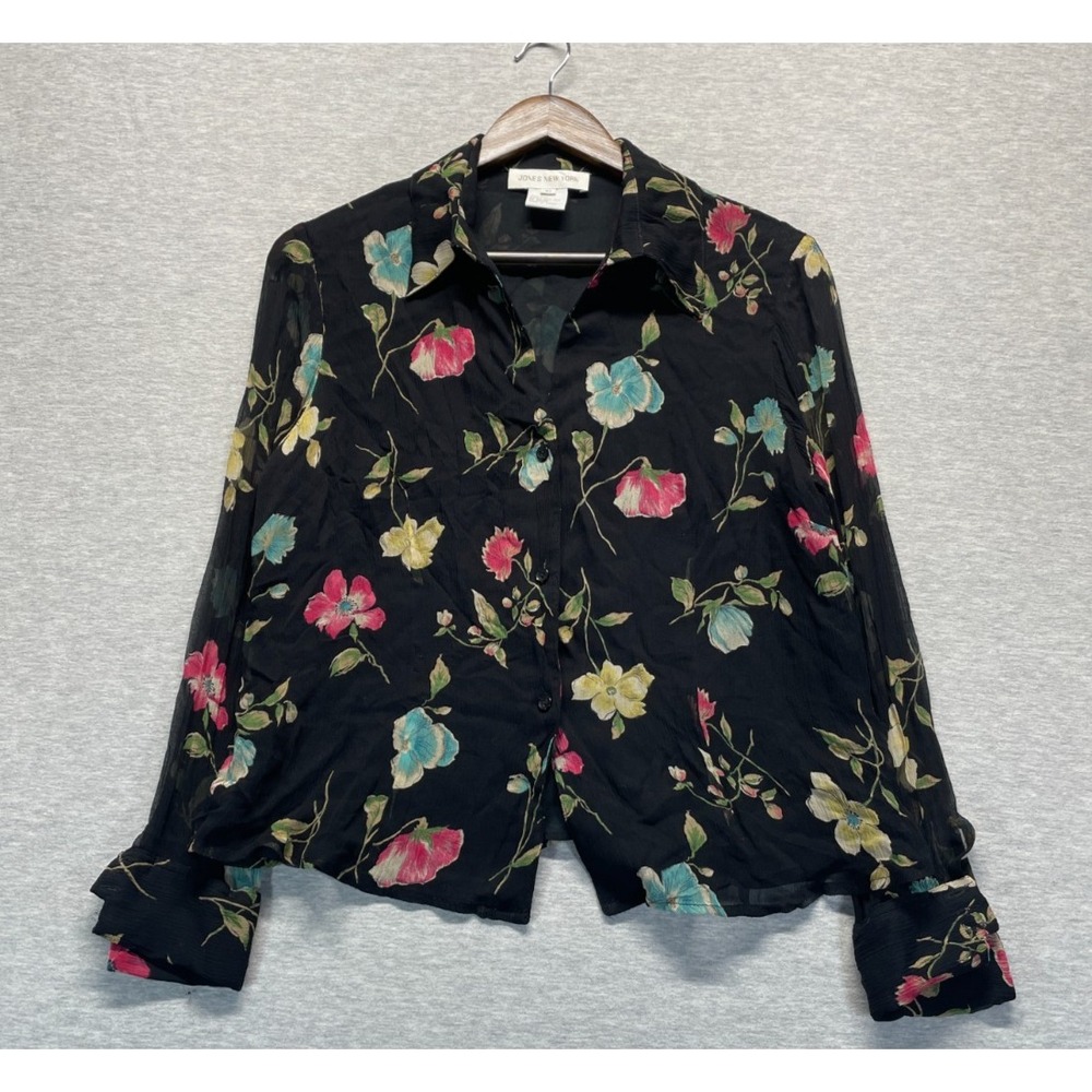Jones New York Sheer Blouse Top Women 10 Black Floral Silk Collared Button Front